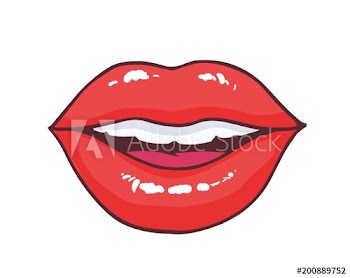 Slightly ajar mouth with bright red glossy lips isolated on white background