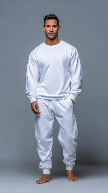Slim Male Model in White Cotton Tracksuit Slim Male Model in White Cotton Tracksuit