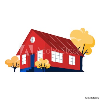 Small cute red house with trees around