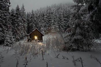 Small house surrounded by snow