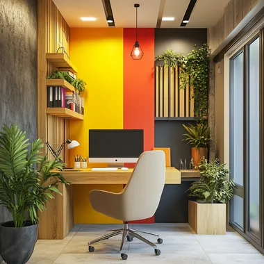 Small Modern Office Interior with Desk, Chair, and Indoor Plants Small Modern Office Interior with Desk, Chair, and Indoor Plants