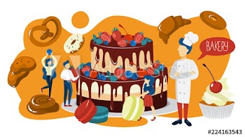 Small people cooking a giant cake for celebration