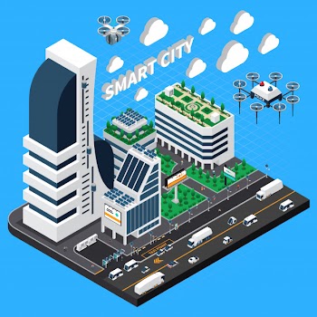 Smart city isometric composition with transport and buildings symbols illustration Free Vector