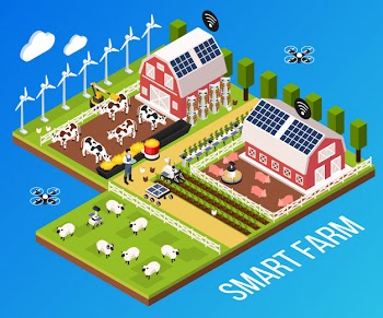 Smart farm concept with technology and cattle, isometric vector illustration Free Vector