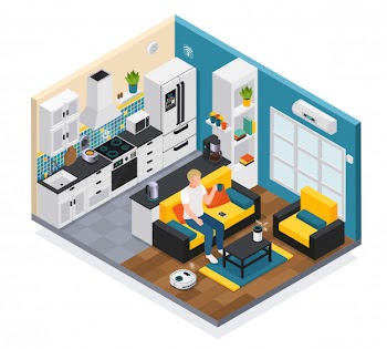 Smart home interior isometric composition with iot internet of things remote controlled kitchen living room devices  illustration Free Vector