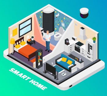 Smart home interior isometric design with light system stove tv controlled with wearable mobile devices  illustration Free Vector
