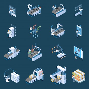 Smart industry with robotized manufacturing remote control and  production data center isometric icons isolated Free Vector