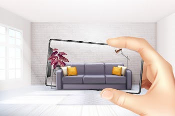 Smartphone augmented virtual reality interior application apps choosing sofa experience for touch screen realistic composition Free Vector
