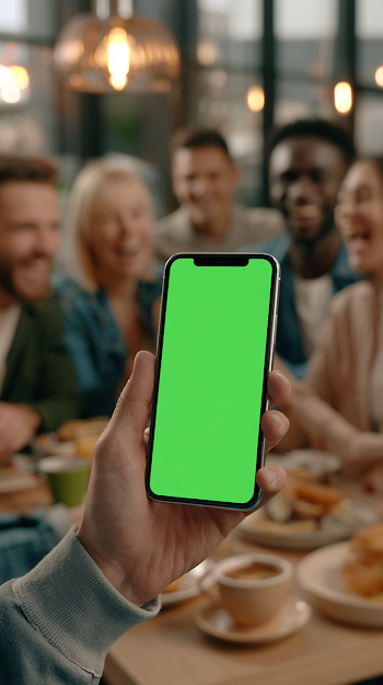 Smartphone with Chroma Key Background in Social Setting