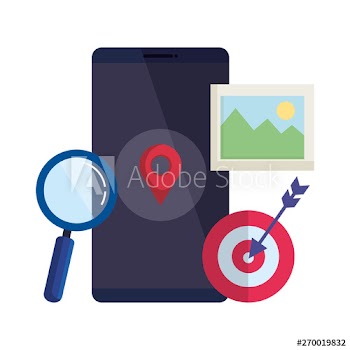 smartphone with magnifying glass and pin location