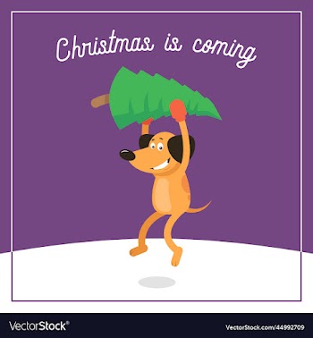 smiley cartoon dog with fir tree in hands