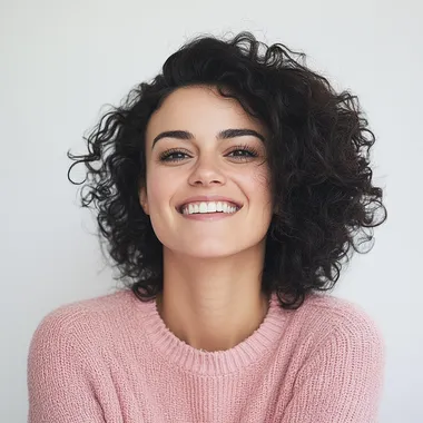Smiling 30-Year-Old European Woman in Pink Sweater Portrait Smiling 30-Year-Old European Woman in Pink Sweater Portrait