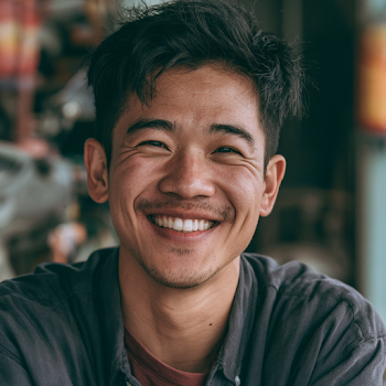 Smiling Asian Man in Documentary Film Style