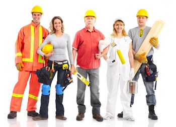 Smiling builder people. Isolated over white background