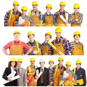 Smiling builder people. Isolated over white background