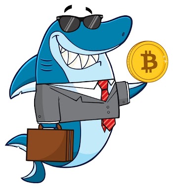 Smiling Business Shark Cartoon Mascot Character In Suit, Carrying A Briefcase And Holding A Golden Bitcoin. Vector Illustration Isolated On White Background