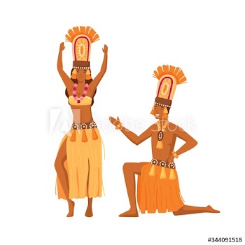 Smiling cartoon aboriginal man and woman dancing together vector flat illustration