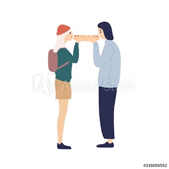 Smiling cartoon couple eating hot dog from two side feeling love isolated on white