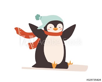 Smiling cartoon cute penguin in warm hat and scarf riding on sled vector flat illustration