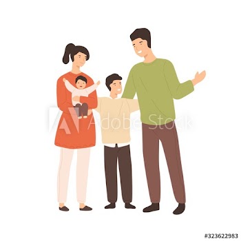 Smiling cartoon family with two cute children isolated on white background