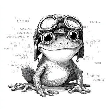 Smiling Cartoon Frog Pilot with Binary Code Background Smiling Cartoon Frog Pilot with Binary Code Background