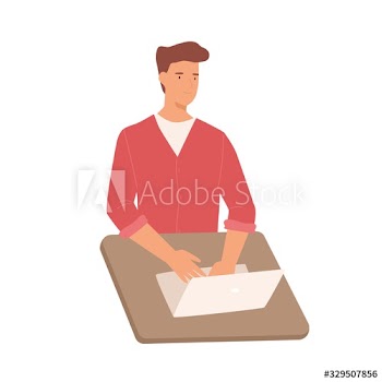 Smiling cartoon male working use laptop on table vector graphic illustration