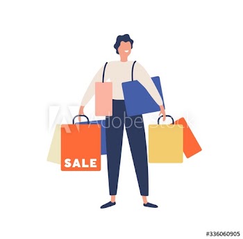 Smiling cartoon man holding heap of shopping bag enjoy discount vector flat illustration