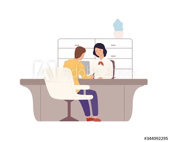 Smiling cartoon woman bank worker and man customer signing documents at office vector flat illustration