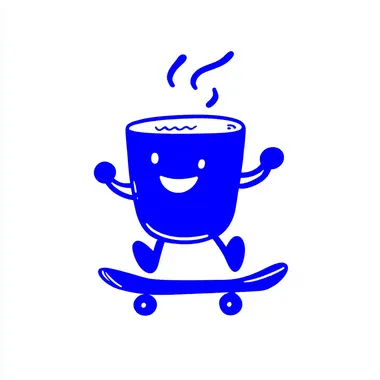 Smiling coffee cup character skating in the park, playful line art design