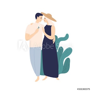 Smiling couple hugging walking together at summer street vector flat illustration
