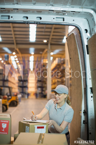 Smiling deliverywoman with boxes in delivery van
