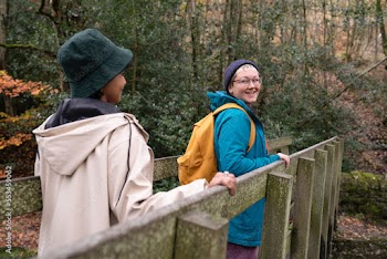 Smiling female hikers on bridge in forest