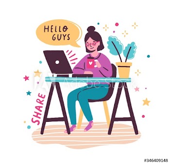 Smiling female influencer talking shooting live video in front of laptop vector flat illustration
