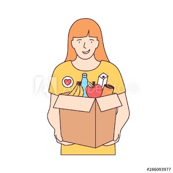 Smiling female volunteer carrying box with fruits and other products isolated on white background