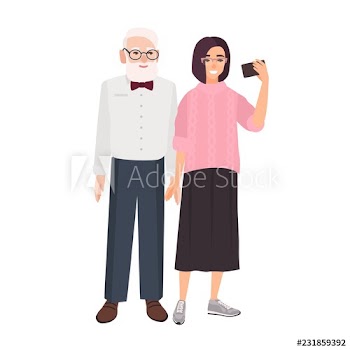 Smiling grandfather and granddaughter standing together and taking selfie