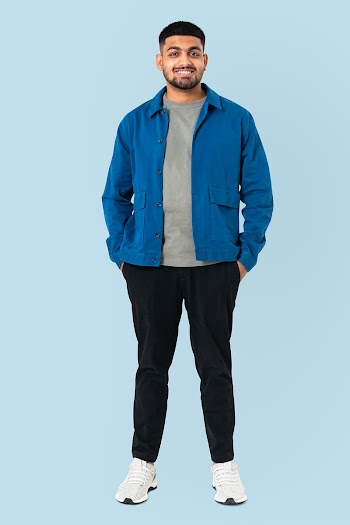 Smiling Indian man in blue jacket full body | Free stock photo | High Resolution image