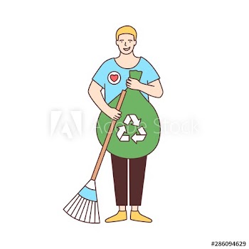 Smiling male volunteer with broom and recycling bag sweeping street isolated on white background