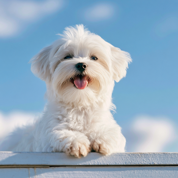 Smiling Maltese Puppy Against a Blue Sky