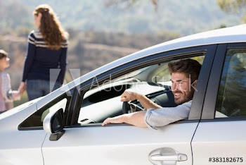 Smiling man inside car at sunny roadside