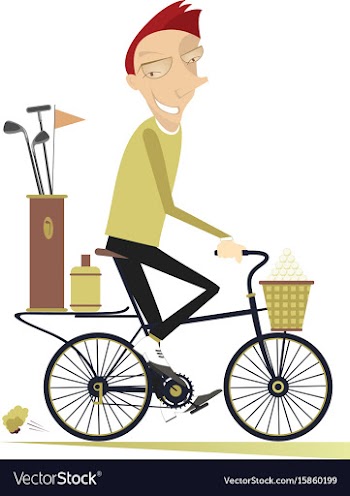 Smiling man rides the bike and goes to play golf i vector image