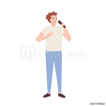 Smiling man singer, rock or pop vocalist wearing jeans and t-shirt and singing in microphone
