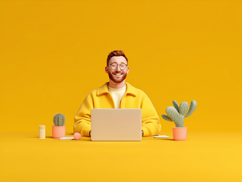 Smiling Marketing Professional Working on Laptop