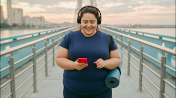 Smiling Plus-Size Woman on Urban Bridge