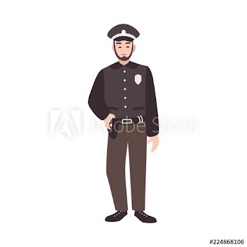 Smiling police officer, policeman, cop or law enforcement worker wearing uniform and cap