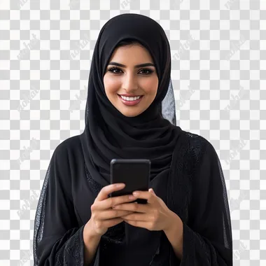 Smiling Saudi Woman in Abaya on Her Phone