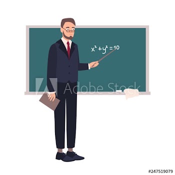 Smiling school mathematics teacher or university professor standing beside chalkboard and demonstrating equation