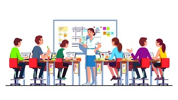 Smiling teacher woman giving task to students studying and working on laptops in modern technology class room with desk and whiteboard. University lecture hall interior. Flat vector illustration