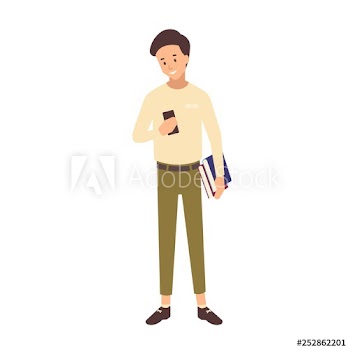 Smiling teenage school boy with short hair holding textbooks and smartphone