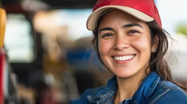 Smiling Woman in Red Hat - Joyful Portrait | PNG, 16:9, City Location