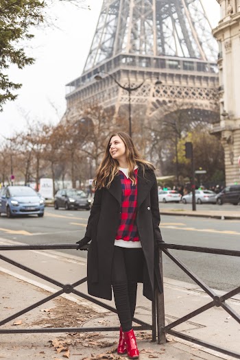Smiling Woman Wearing Black Coat While Standing Beside Fence Near Eiffel Tower, Paris